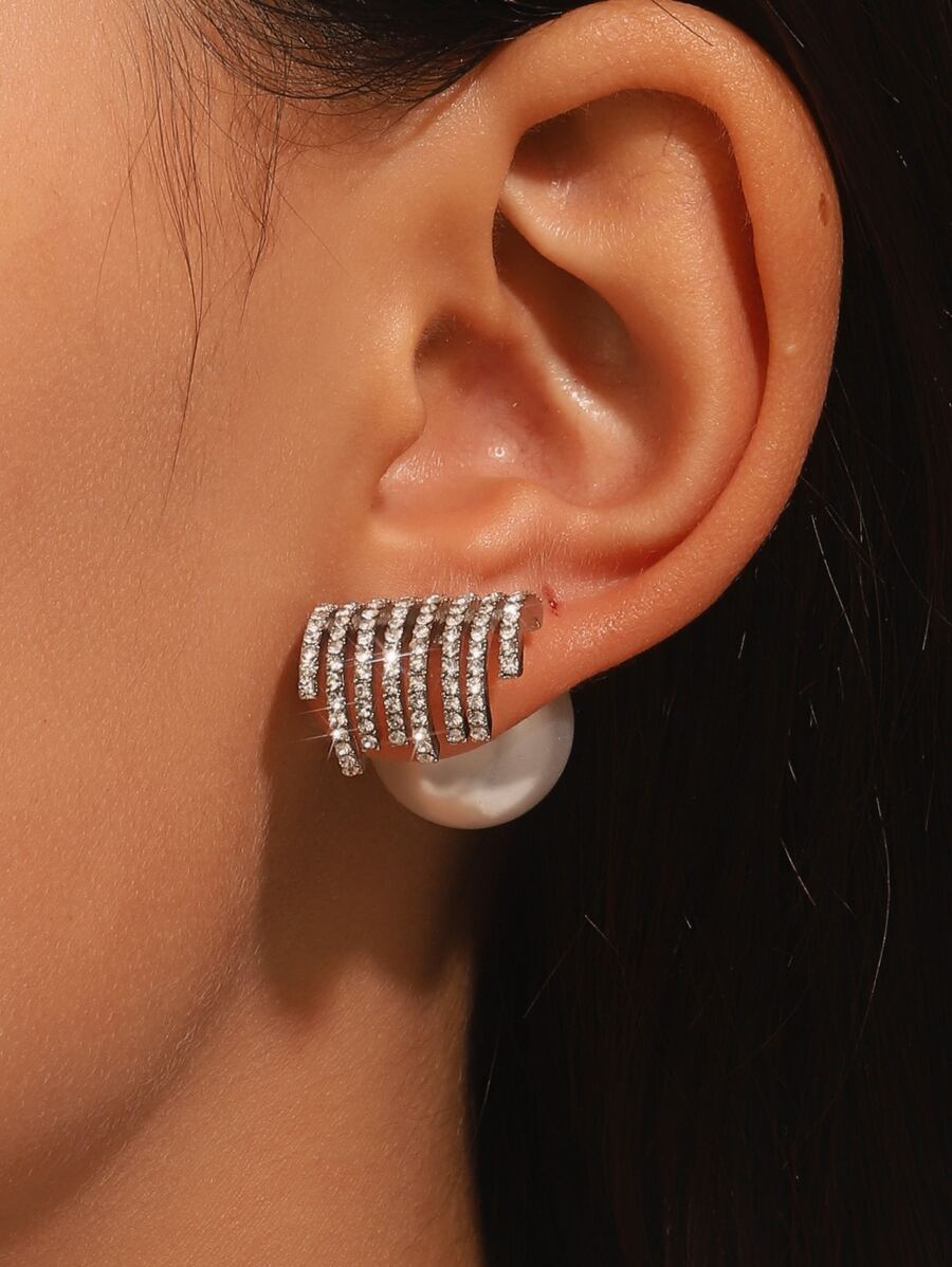 Rhinestone & Faux Pearl Decor Earring Jackets - Silver - View 1