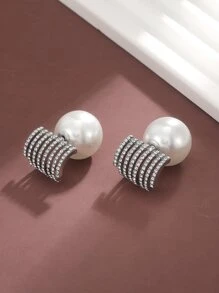 Rhinestone & Faux Pearl Decor Earring Jackets - Silver - View 4