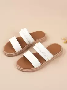 Fashionable Slides For Girls, Braid Detail Double Strap Slippers - White - View 1