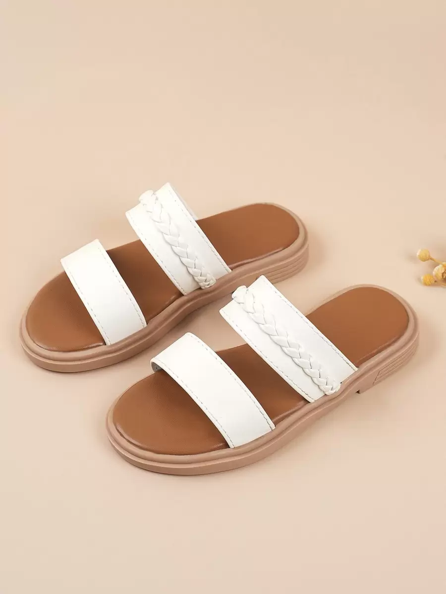 Fashionable Slides For Girls, Braid Detail Double Strap Slippers - White - View 1