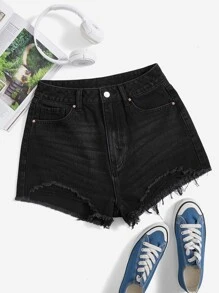 Raw Hem Denim Shorts - Black - View 1