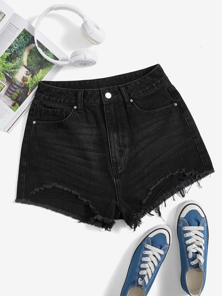Raw Hem Denim Shorts - Black - View 1