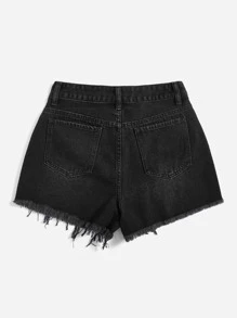 Raw Hem Denim Shorts - Black - View 2
