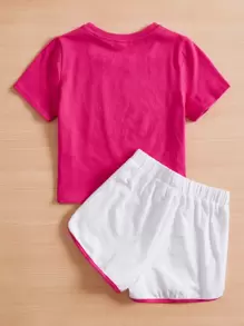 SHEIN 女孩字母圖案T恤和撞色滾邊短褲 - 玫紅色 - 查看 2