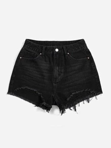 Raw Hem Denim Shorts - Black - View 3