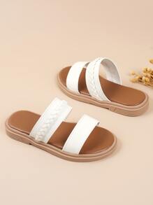 Fashionable Slides For Girls, Braid Detail Double Strap Slippers - White - View 2