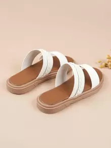 Fashionable Slides For Girls, Braid Detail Double Strap Slippers - White - View 4