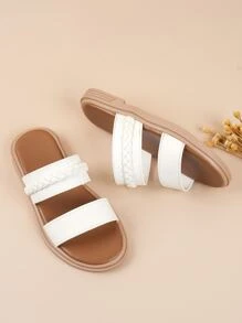 Fashionable Slides For Girls, Braid Detail Double Strap Slippers - White - View 3