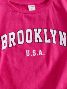 SHEIN 女孩字母圖案T恤和撞色滾邊短褲 - 玫紅色 - 查看 5