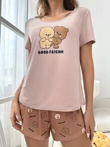 Cartoon & Letter Graphic PJ Set - Multicolor - View 3