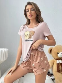 Cartoon & Letter Graphic PJ Set - Multicolor - View 5