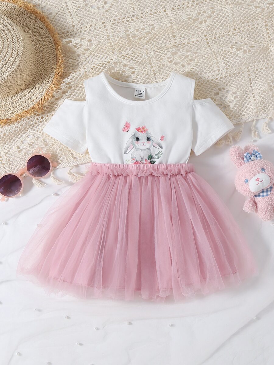 Baby Girl Cartoon Rabbit Print Cold Shoulder Mesh Hem Dress