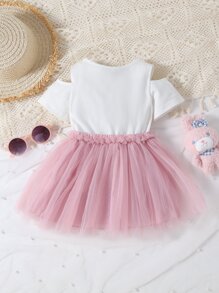 Baby Girl Cartoon Rabbit Print Cold Shoulder Mesh Hem Dress