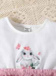 Baby Girl Cartoon Rabbit Print Cold Shoulder Mesh Hem Dress