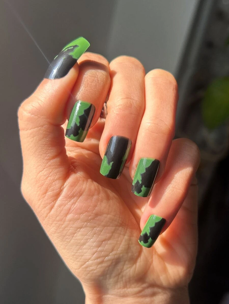 24pcs Long Square Camo Print Fake Nail & 1sheet Tape & 1pc Nail File - Multicolor - View 1