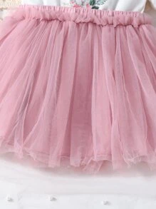 Baby Girl Cartoon Rabbit Print Cold Shoulder Mesh Hem Dress