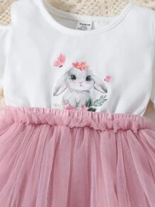 Baby Girl Cartoon Rabbit Print Cold Shoulder Mesh Hem Dress