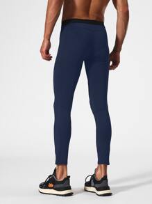 Men Elastic Waist Sport Tights - Navy Blue - View 2