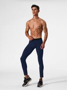 Men Elastic Waist Sport Tights - Navy Blue - View 3