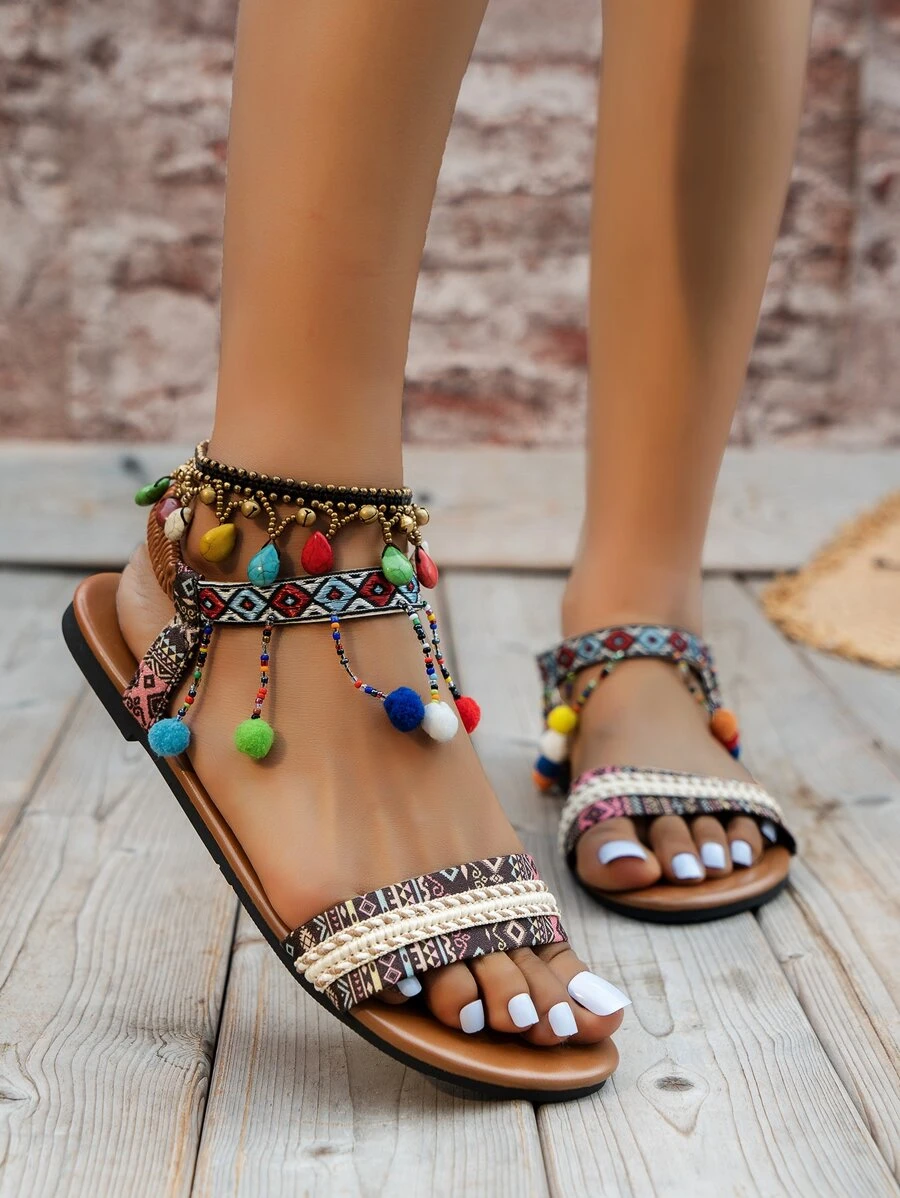 Sandalias con patrón geométrico con cuenta & con diseño de pompón tira tobillera - Marrón - Ver 1