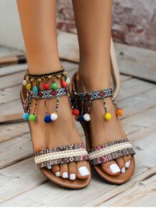 Sandalias con patrón geométrico con cuenta & con diseño de pompón tira tobillera - Marrón - Ver 2