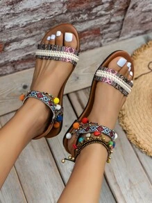 Sandalias con patrón geométrico con cuenta & con diseño de pompón tira tobillera - Marrón - Ver 3