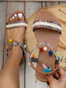 Sandalias con patrón geométrico con cuenta & con diseño de pompón tira tobillera - Marrón - Ver 5