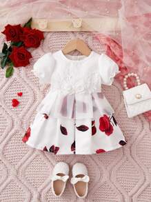 Baby Floral Print Appliques Puff Sleeve Dress - White - View 1