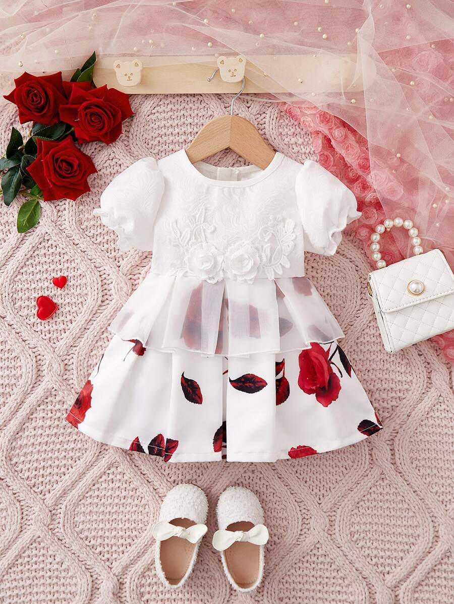 Baby Floral Print Appliques Puff Sleeve Dress - White - View 1