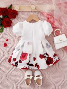 Baby Floral Print Appliques Puff Sleeve Dress - White - View 2