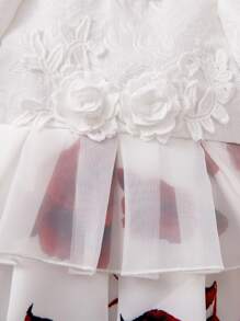 Baby Floral Print Appliques Puff Sleeve Dress - White - View 6