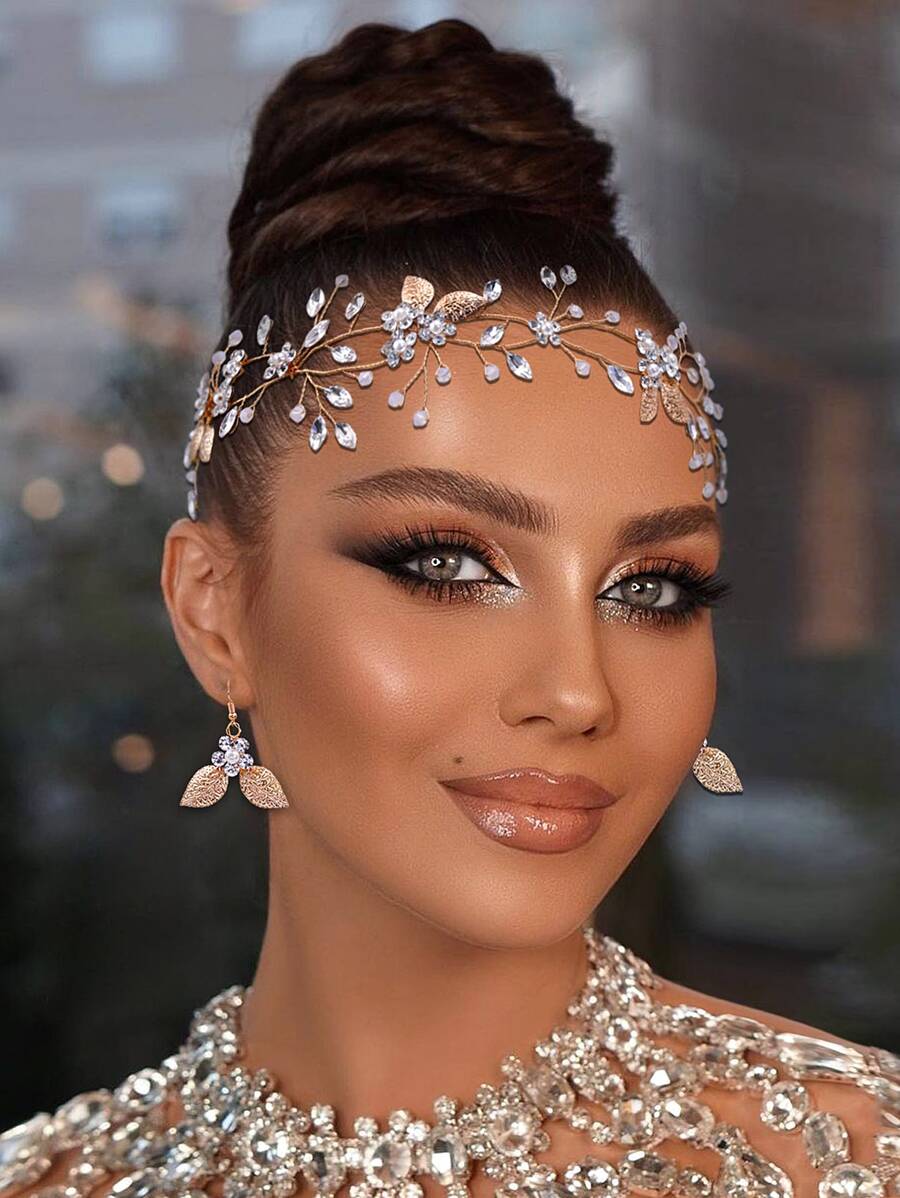 水鑽花朵裝飾髮帶和耳墜 - 金色 - 查看 1