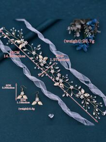 水鑽花朵裝飾髮帶和耳墜 - 金色 - 查看 2