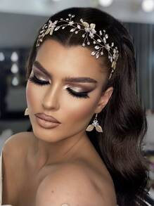 水鑽花朵裝飾髮帶和耳墜 - 金色 - 查看 3