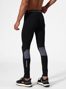 Hombres Mallas deportivas con estampado de letra panel en contraste - Negro - Ver 1