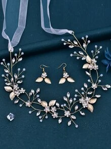 水鑽花朵裝飾髮帶和耳墜 - 金色 - 查看 8