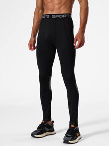 Hombres Mallas deportivas con estampado de letra panel en contraste - Negro - Ver 4