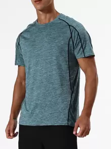 Manfinity Fitness Men Contrast Topstitching Marled Knit Sports Tee Workout Tops Basic T Shirt - Green - View 4