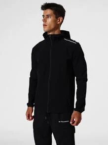 Men Contrast Tape Zip Up Hooded Sports Jacket - Black - View 1