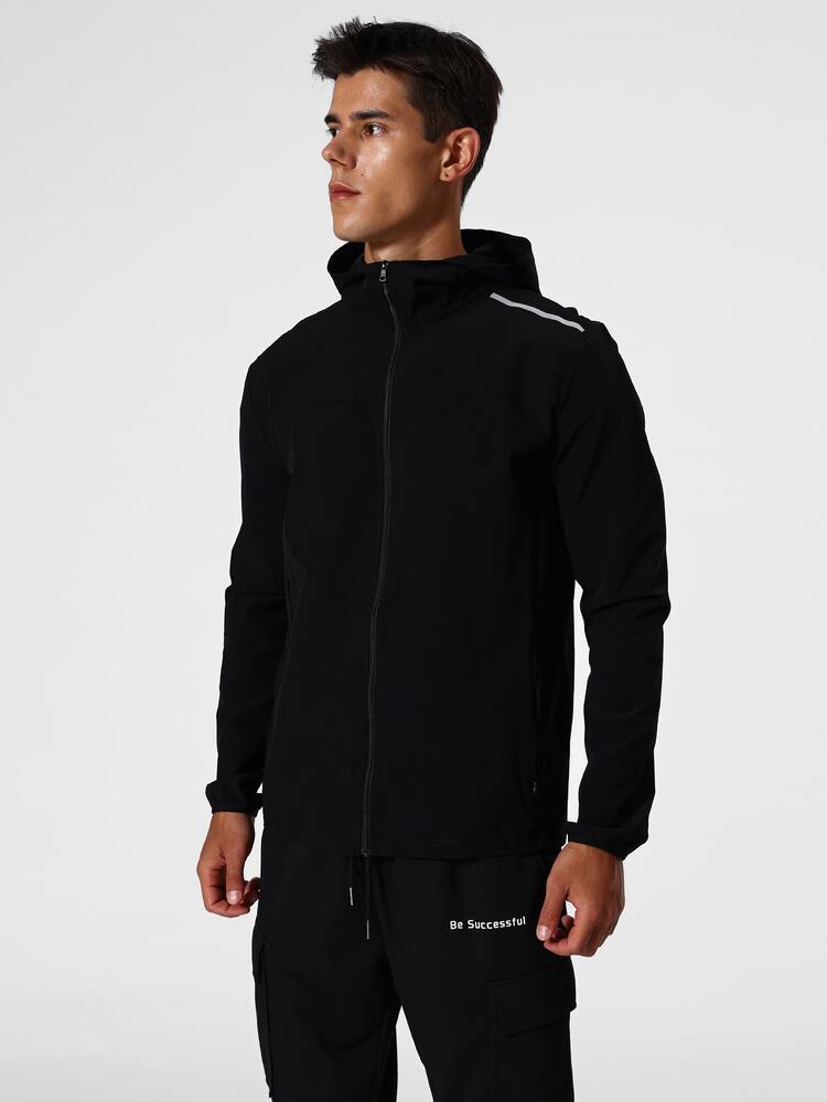 Men Contrast Tape Zip Up Hooded Sports Jacket - Black - View 1