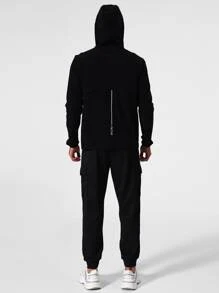 Men Contrast Tape Zip Up Hooded Sports Jacket - Black - View 2