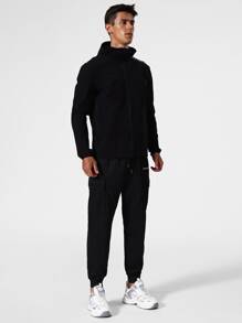 Men Contrast Tape Zip Up Hooded Sports Jacket - Black - View 3