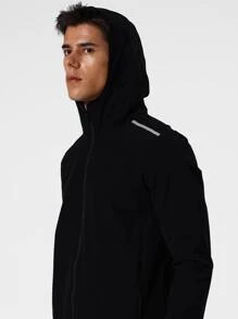 Men Contrast Tape Zip Up Hooded Sports Jacket - Black - View 4