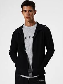 Men Contrast Tape Zip Up Hooded Sports Jacket - Black - View 5