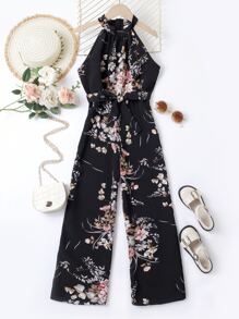 Girls Floral Print Belted Halter Jumpsuit - Black - View 1