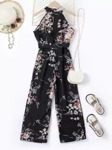 Girls Floral Print Belted Halter Jumpsuit - Black - View 2