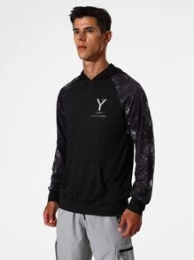 Men Raglan Sleeve Letter Graphic Hooded Sports Sweatshirt - Black - View 3