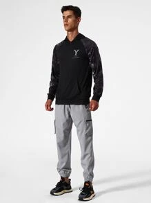 Men Raglan Sleeve Letter Graphic Hooded Sports Sweatshirt - Black - View 6