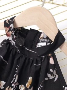 Girls Floral Print Belted Halter Jumpsuit - Black - View 5