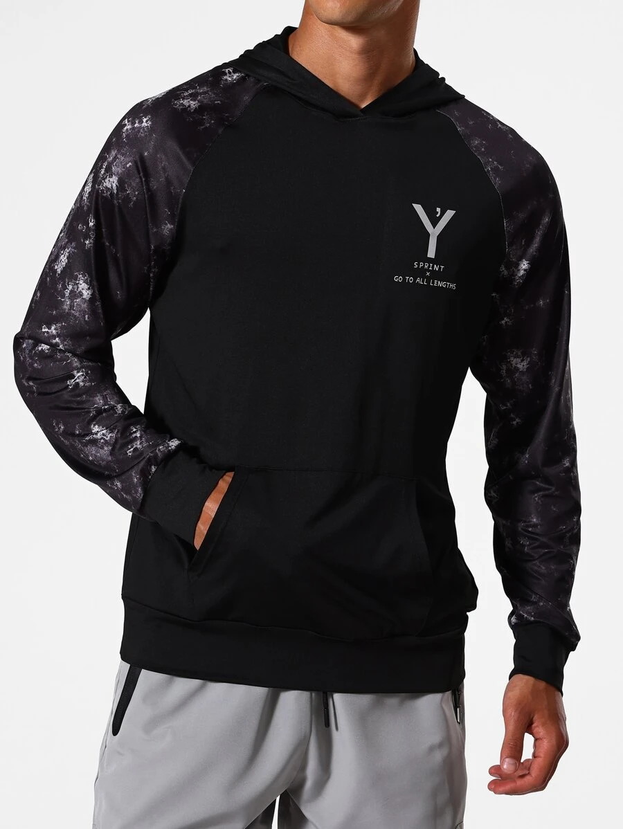 Men Raglan Sleeve Letter Graphic Hooded Sports Sweatshirt - Black - View 1